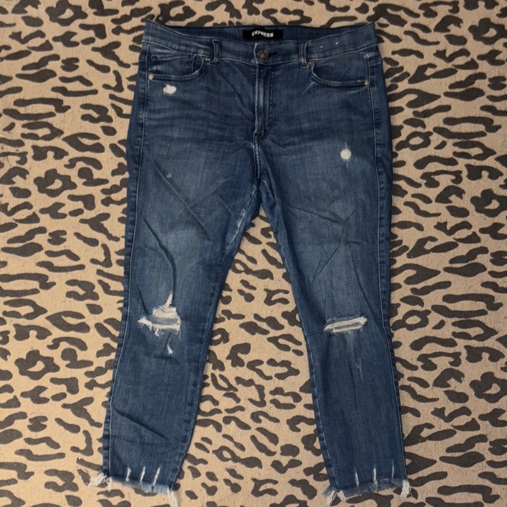 Express Blue Ankle Cropped Jeans with Distressed Details